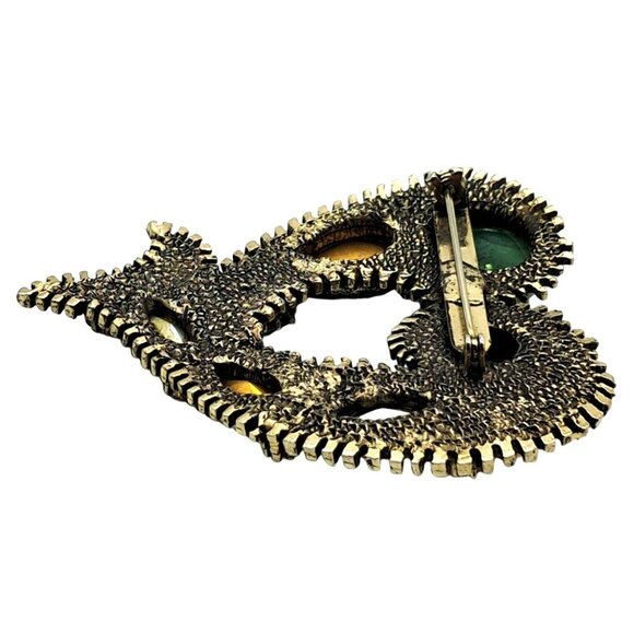 Foiled Glass Cabochon Rhinestone Brooch Har Style Green Aurora Borealis Vintage - Picture 9 of 11